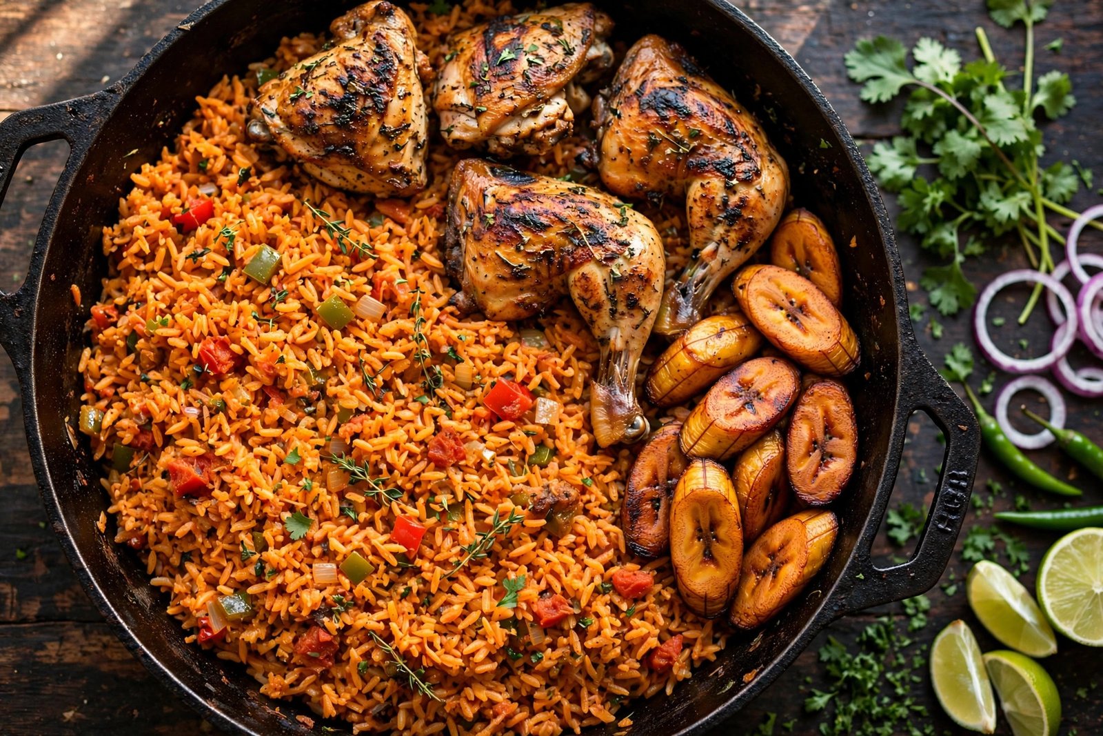 A pan of jollof rice with grilled chicken and fried plantains